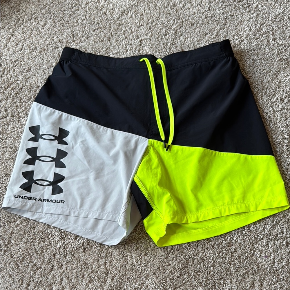 Under Armour Black, Off White, and Neon Yellow Lined Swim Shorts